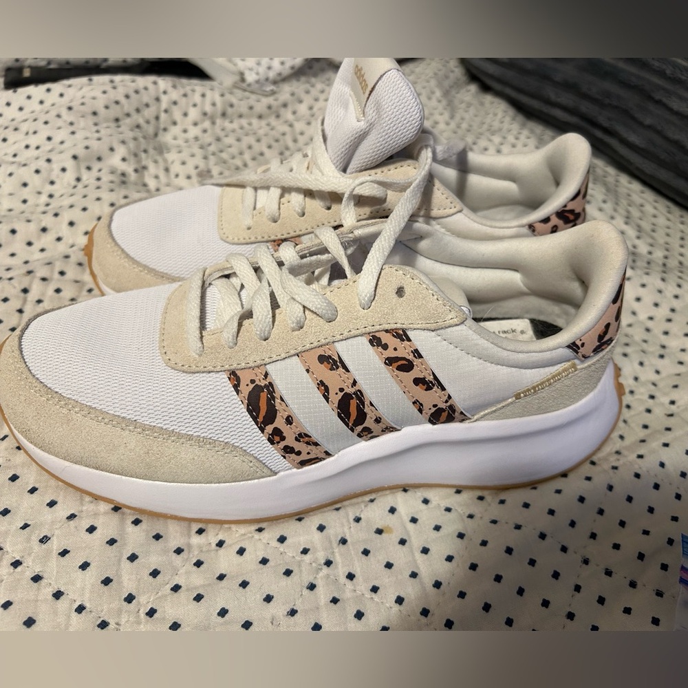 adidas White and Beige Sneakers with Leopard-Print Three Stripes